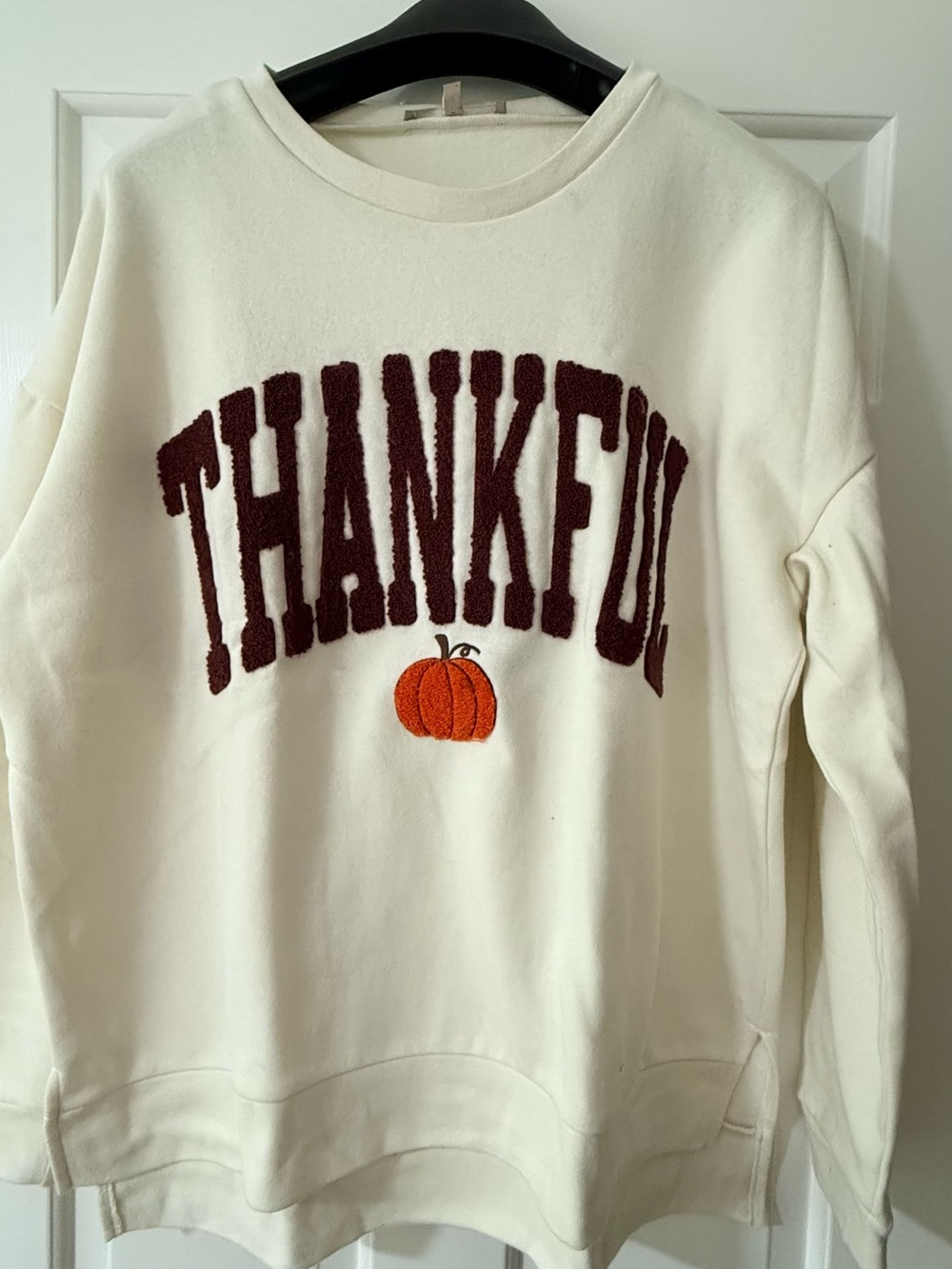 Cream 'Thankful' Chenille Crewneck Sweatshirt with Pumpkin Accent